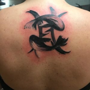 Pisces Symbol and Fish Back Tattoo