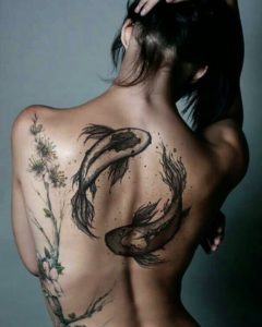 Pisces Fish Black Ink Back Tattoo