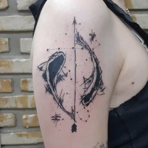 Pisces Fish Abstract Black Ink Shoulder Tattoo