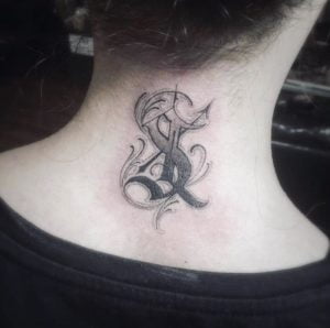 Sagittarius Arrow Illustrative Back of Neck Tattoo