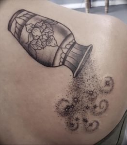 Aquarius Jar and Stars Shoulder Blade Tattoo
