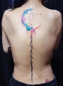 Aquarius Watercolor Moon Back Tattoo