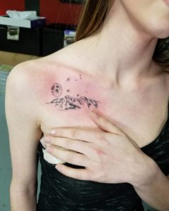 Libra Illustrative Landscape and Constellation Collarbone Tattoo