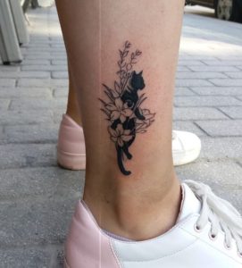 Black Cat and Floral Ankle Tattoo