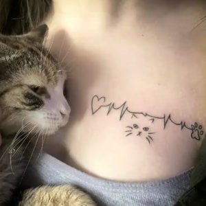Cat Heartbeat Line Collarbone Tattoo
