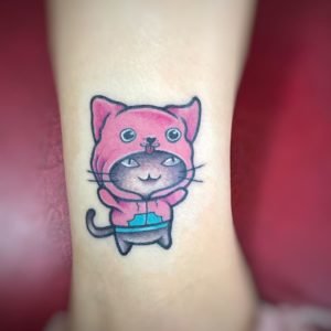 Cat with Hoodie Cartoon Ankle Tattoo