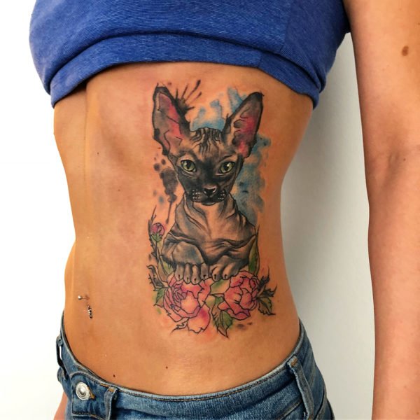 Watercolor Sphynx Cat Side Tattoo