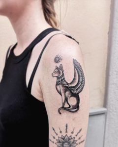 Egyptian Cat with Wings Arm Tattoo