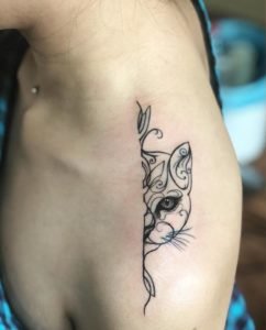 Stylistic Illustrative Cat Shoulder Top Tattoo