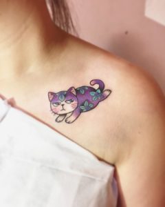 Purple Cat Cartoon Collarbone Tattoo