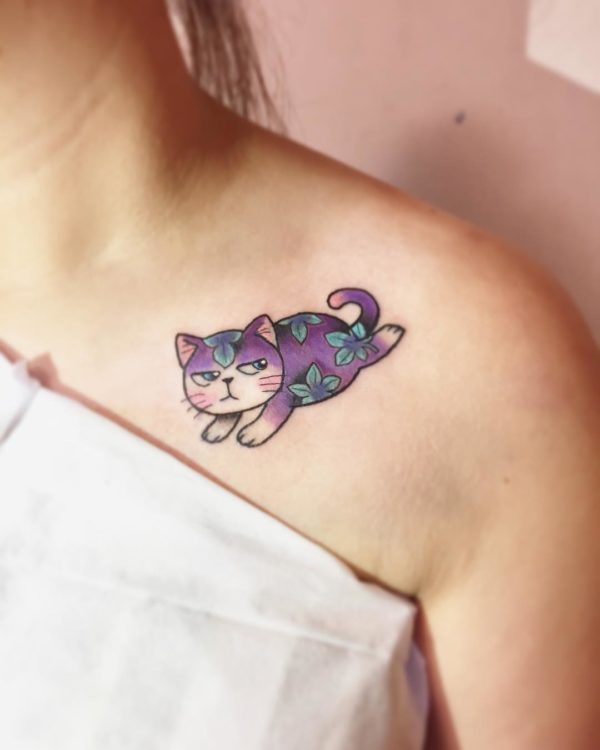 Purple Cat Cartoon Collarbone Tattoo
