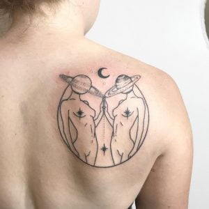 Gemini Twins Line Art Shoulder Blade Tattoo
