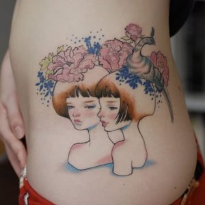 Gemini Twins Watercolor Side Tattoo