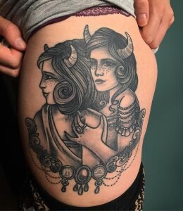 Taurus Gemini Cusp Twins Realistic Thigh Tattoo