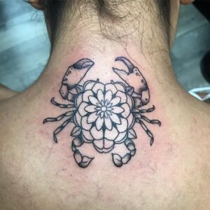 Cancer Crab and Lotus Flower Neck Tattoo