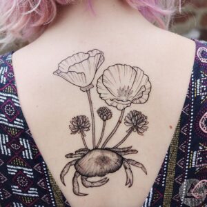Cancer the Crab and Flower Back Tattoo