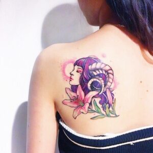 Aries Fantasy Girl with Lilies Shoulder Blade Tattoo
