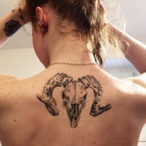 Aries Skull Upper Back Tattoo