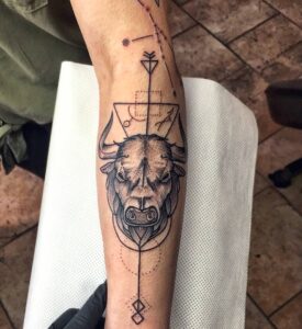 Taurus Bull And Geometry Forearm Tattoo