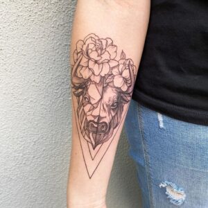 Floral Taurus Bull Forearm Tattoo