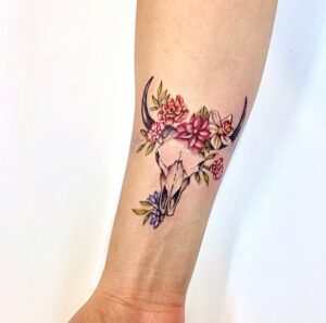 Taurus Floral Bull Skull Wrist Tattoo