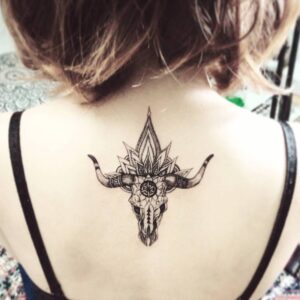 Taurus Bull Skull Upper Back Tattoo
