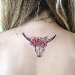 Taurus Bull Skull with Flowers Upper Back Tattoo