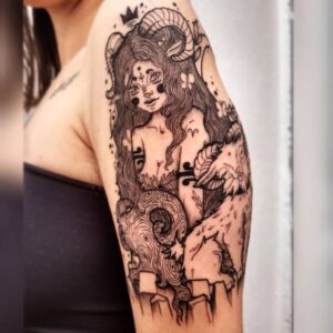 Aries Female Ram Shoulder Tattoo