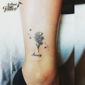 Aries Flower and Constellation Ankle Tattoo