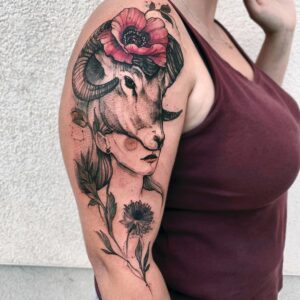 Aries Girl with Rams Head Shoulder Tattoo