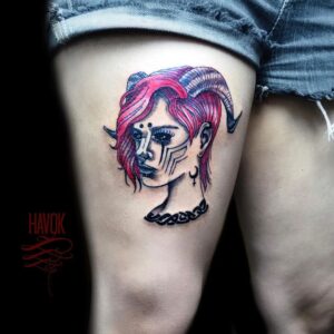 Aries Girl Color Thigh Tattoo