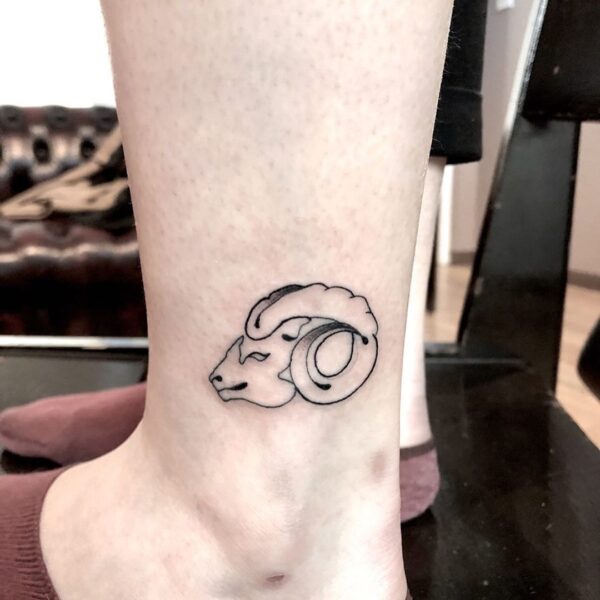 Minimalist ram skull tattoo on the wrist.