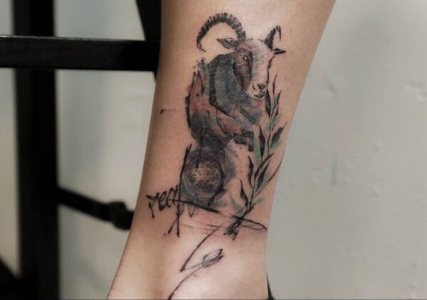 Aries Watercolor Ram Ankle Tattoo