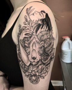 Aries Ram Head with Woman Shoulder Tattoo