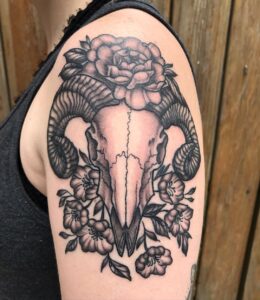 Aries Skull and Flowers Shoulder Tattoo