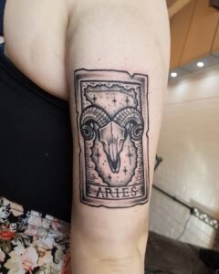 Aries Skull and Tarot Card Arm Tattoo