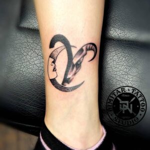 Aries Symbol and Crescent Moon Ankle Tattoo
