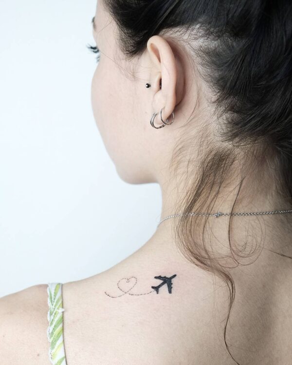 Airplane with Heart Upper Back Tattoo