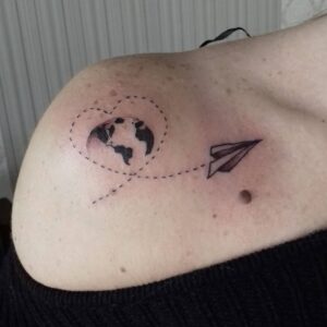 Paper Airplane and Globe Front Shoulder Tattoo
