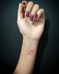 Mini Red Heart Outline Wrist Tattoo