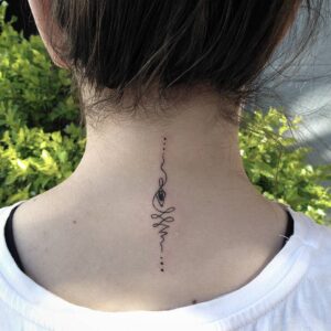 Unalome and Three Dots Back of Neck Tattoo