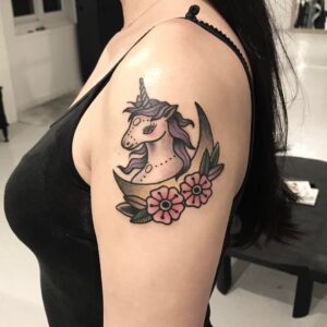 Cartoon Unicorn Shoulder Tattoo