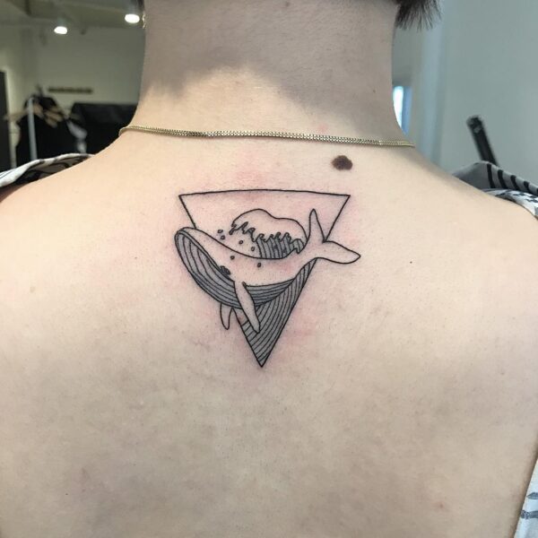 Blue Whale and Wave Upper Back Tattoo