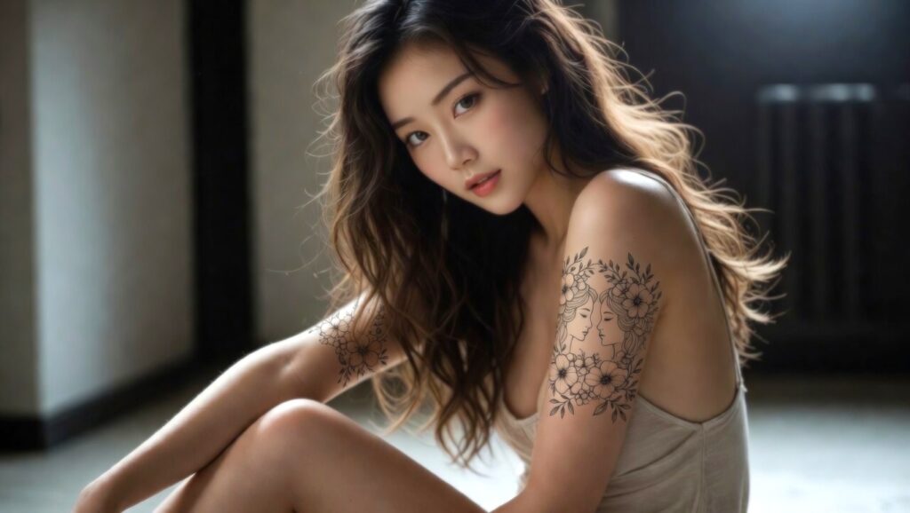 Floral Gemini twins tattoo on a woman’s upper arm