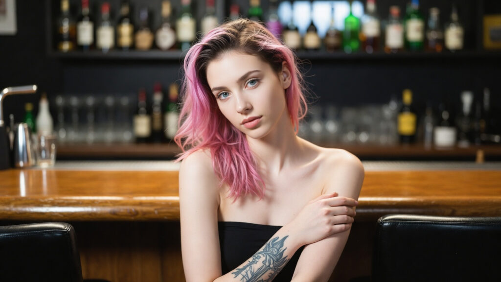Woman with pink hair and a floral forearm tattoo sitting at a bar
