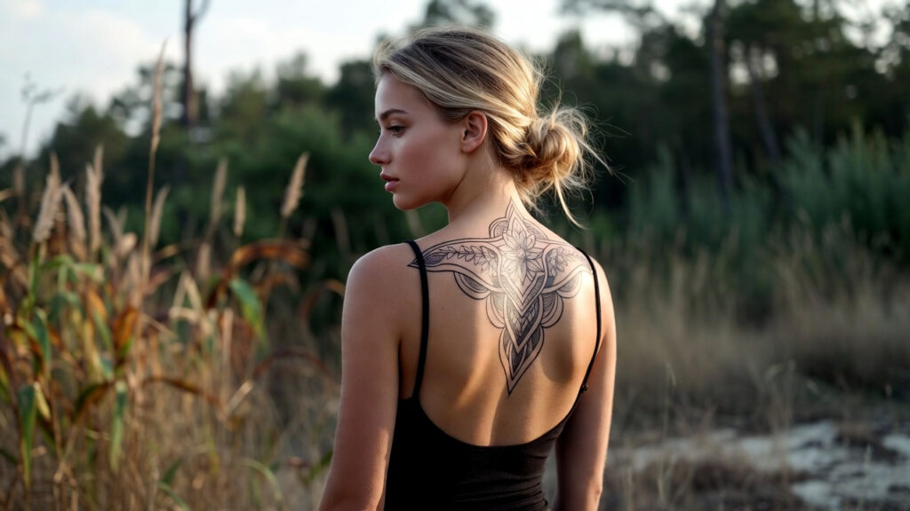 Ornamental geometric back tattoo on a woman’s upper back