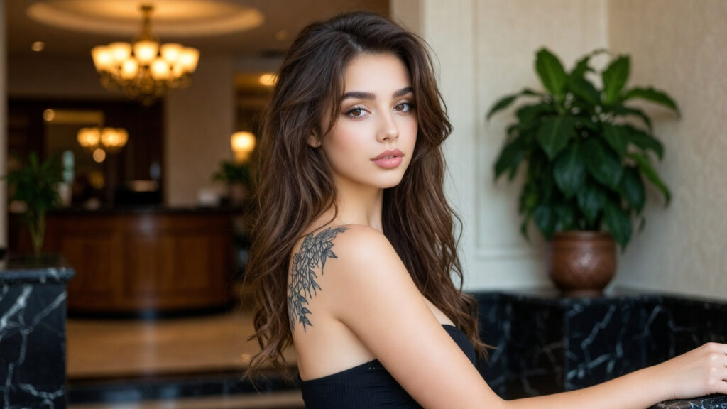 Elegant leafy shoulder tattoo on a woman’s upper back