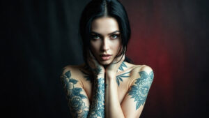 Woman with large floral sleeve tattoos on both arms