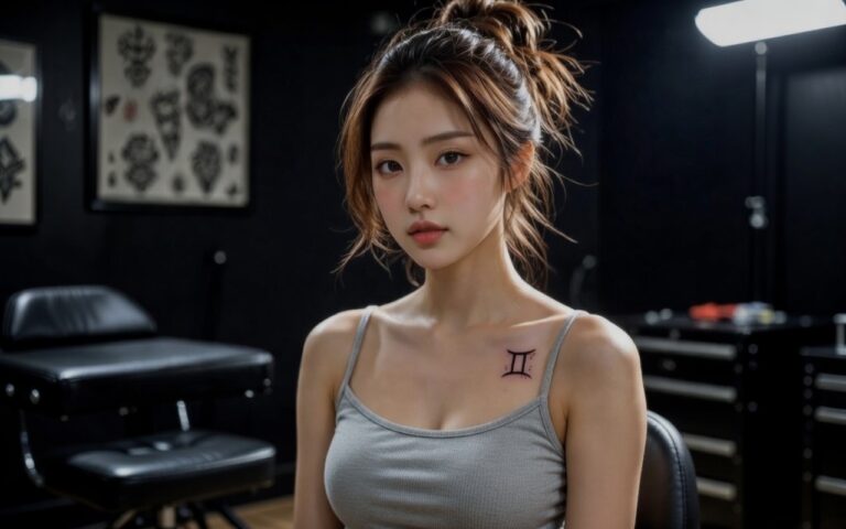 asian woman with a gemini tattoo on clavicle