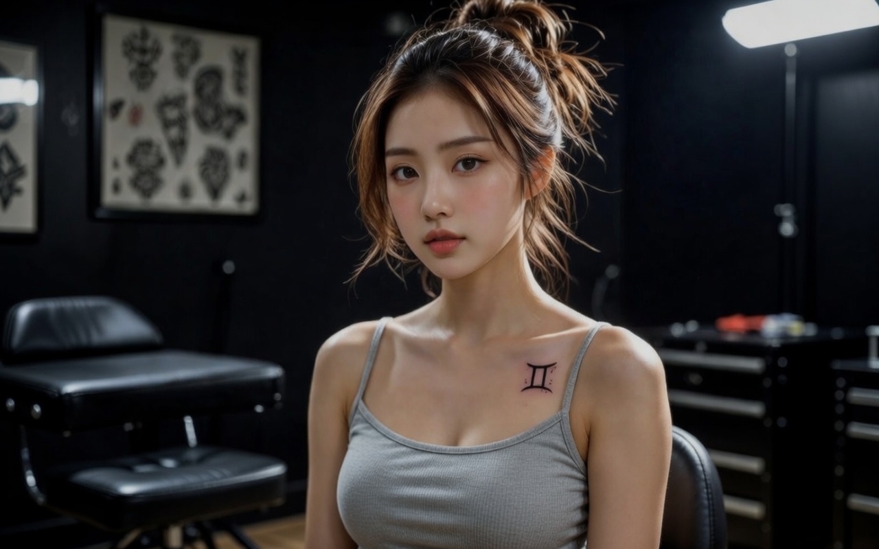 asian woman with a gemini tattoo on clavicle